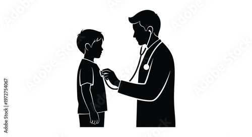 A doctor examines a young boy with a stethoscope showcasing a caring medical interaction in black silhouette high quality professional detailed