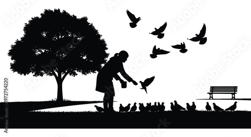 A woman feeds birds in a park depicted in striking black and white with a dramatic silhouette high quality professional detailed