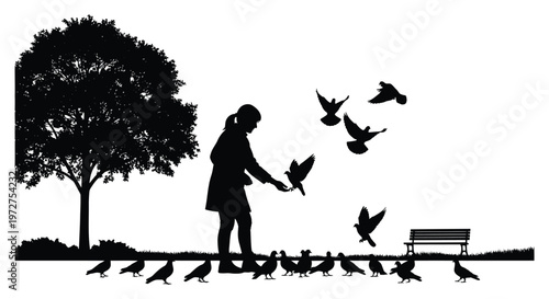 A solitary figure feeds birds in a park framed by trees and a bench creating a peaceful silhouette high quality professional