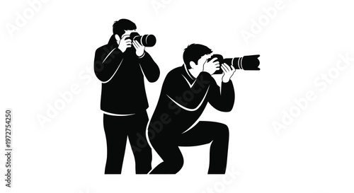 Two photographers capturing images with their cameras shown in a stark contrasting black silhouette high quality professional detailed modern elegant stylish