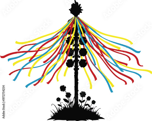 Silhouette of a Traditional Maypole with Colorful Ribbons and Spring Flowers
