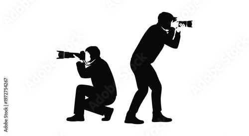 Two photographers are depicted in a stark black outline capturing moments with their cameras a striking silhouette high quality professional detailed