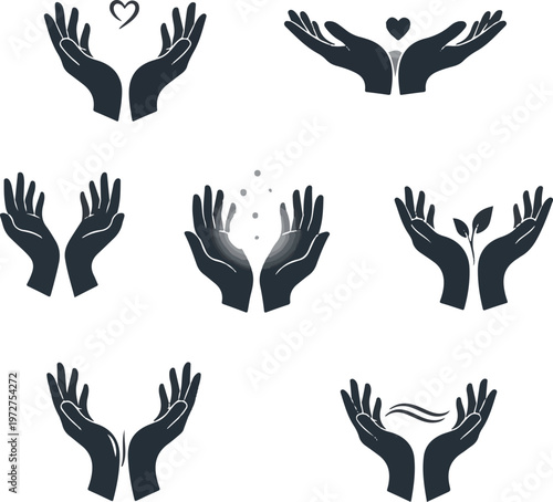 Hands Holding Icons Set: Concepts of Care, Healing, Nature, and Love