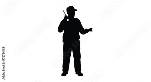 A full body depiction of a man holding a walkie talkie and flashlight rendered as a stark silhouette high quality professional detailed modern
