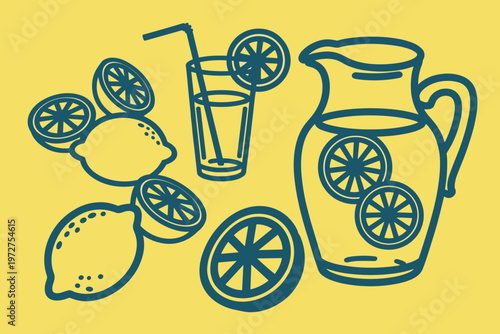 Dark blue lemons pitcher and glass on yellow background