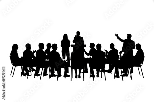Silhouette of a Public Address: A silhouette captures the intensity of a speaker addressing an audience, their gestures highlighting the focus of a meeting.