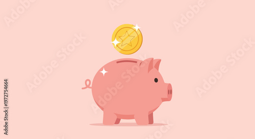 Pink Piggy Bank with Coin Being Inserted.