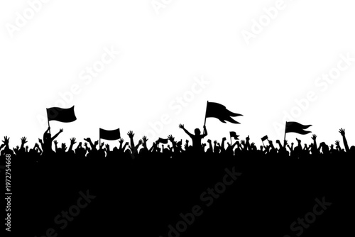 Silhouette of Solidarity: A crowd of individuals united, silhouetted against the brightness, raise flags and arms in a display of solidarity, hope and shared purpose.