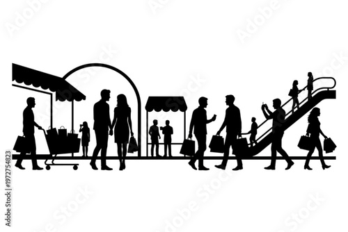 Shopping Silhouette: A monochrome illustration of a bustling shopping area, featuring diverse silhouettes of people engaged in various shopping activities. 