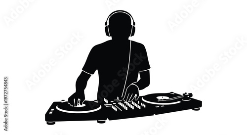 A dj mixing music on turntables and a mixer depicted as a striking black silhouette high quality professional detailed modern elegant