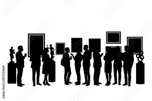Art Gallery Silhouette: Silhouettes of visitors exploring an art gallery, immersed in the artistic environment, contemplating art pieces. Capturing the art experience and the viewers' interactions.