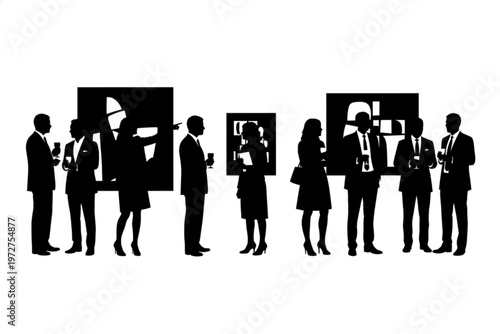 Art Gallery Gathering: Silhouette figures of people engaging in a social event within an art gallery setting, admiring displayed art pieces and enjoying a moment of art appreciation.