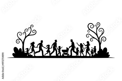 Family Silhouette Stroll: A collection of families, young and old, stroll together through a stylized outdoor setting, symbolizing togetherness and kinship.