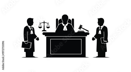 A courtroom scene depicting a judge and two lawyers in black creating a striking silhouette high quality professional detailed modern elegant
