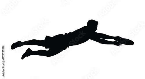 A dynamic image depicts a sportsman diving to catch a frisbee showcasing an athletic moment in silhouette high quality professional detailed