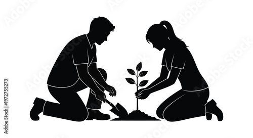 A couple lovingly plants a young tree with their child showcasing a heartwarming family moment in silhouette high quality professional detailed