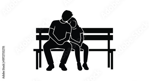 A couple embraces intimately while seated on a park bench rendered as a striking black silhouette high quality professional detailed modern