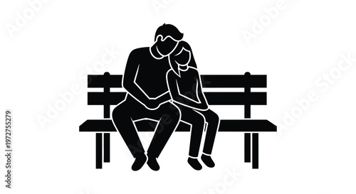 A couple sits closely together on a park bench enjoying a quiet moment of intimacy presented as a silhouette high quality