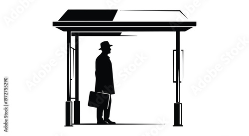 A man stands with a briefcase at a bus stop rendered in a striking black and white silhouette high quality professional