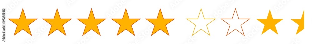 Fototapeta premium Yellow gold five point stars rating symbol clipart simple outline and half shape png set on transparent background for review icon design graphic illustration