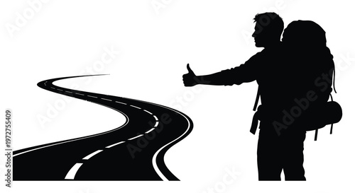 A hitchhiker with a large backpack stands beside a winding road giving a thumbs up gesture silhouette high quality professional detailed modern