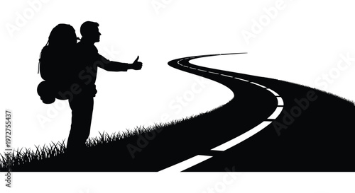 A hitchhiker stands with a thumb extended alongside a winding road presented as a striking silhouette high quality professional detailed modern