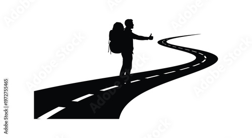 A lone hitchhiker stands with a thumb extended on a winding road captured as a striking silhouette high quality professional detailed