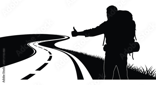 A hitchhiker with a backpack stands beside a winding road extending a thumb for a ride silhouette high quality professional
