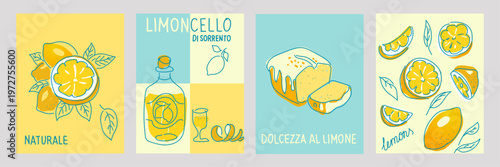 Hand drawn lemon set including limoncello bottle, citrus slices and lemon cake. Mediterranean food illustration in modern flat line style.