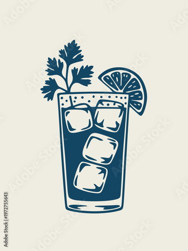 Dark blue cocktail with ice cubes and garnish drink