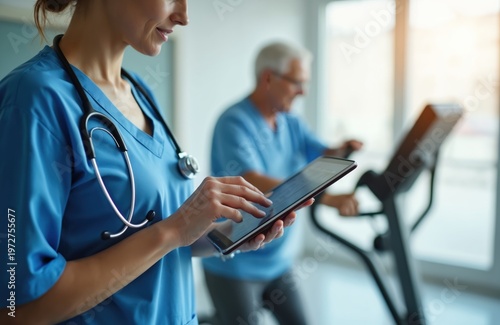 Nurse checks patient progress on tablet during exercise at rehab center. Senior man uses elliptical trainer for physiotherapy, regaining strength. Woman helps elderly.
