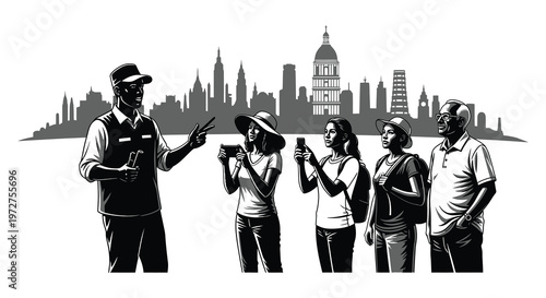 A tour guide leads a small group of tourists gesturing towards a cityscape in a striking silhouette high quality professional detailed