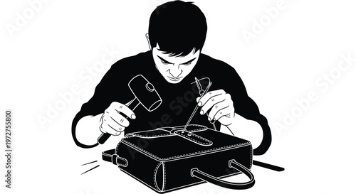 A man meticulously repairs a leather briefcase with tools presented as a striking black silhouette high quality professional detailed modern elegant