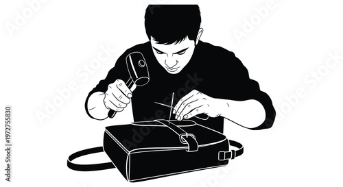 A craftsman intently focuses on repairing a leather satchel utilizing tools with precision and care silhouette high quality professional detailed modern
