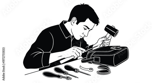 A craftsman meticulously works on a leather bag utilizing tools with focused concentration presented as a silhouette high quality professional detailed