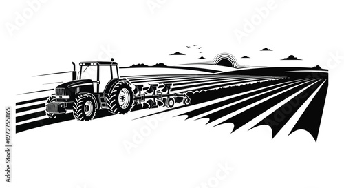 A striking black and white illustration depicts a tractor plowing a field under a dramatic sky a bold silhouette high quality