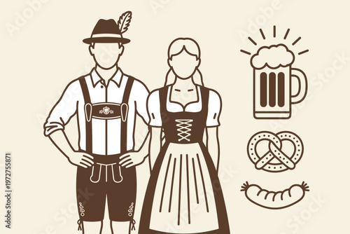 Bavarian couple with beer pretzel and sausage woman