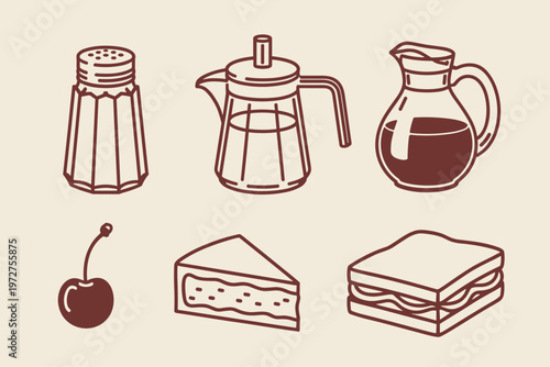 Six food and drink in a simple line style salt shaker