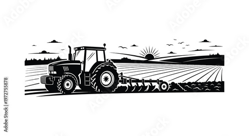 A striking black and white illustration depicts a tractor plowing a field under a setting sun utilizing a bold silhouette