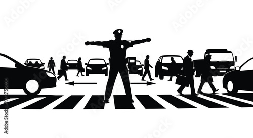 A police officer directs traffic amidst pedestrians and vehicles presented in a striking black silhouette high quality professional detailed modern elegant