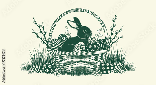 Monochrome Easter Rabbit in Wicker Basket with Floral Patterned Eggs and Pussy Willow Branch Design