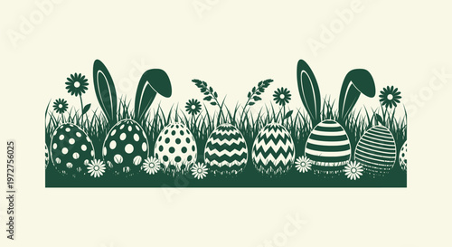 Decorative Easter egg hunt border with bunny ears grass and spring flowers monochrome vector design