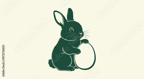 Minimalist Dark Green Easter Bunny Silhouette Holding an Egg, Cute Rabbit Vector Graphic for Spring