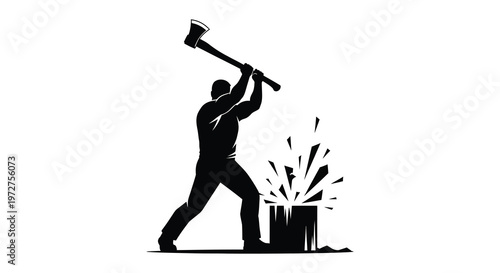 A lumberjack powerfully swings an axe splitting a log into pieces with dynamic force a striking silhouette high quality professional