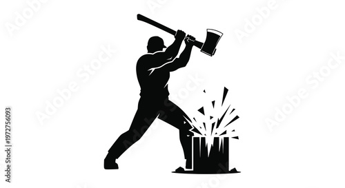 A lumberjack vigorously swings an axe into a wooden stump creating splintered debris presented as a silhouette high quality professional detailed