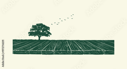Minimalist Green Nature Illustration with Rustic Wood Tabletop Silhouette Tree and Birds in Flight
