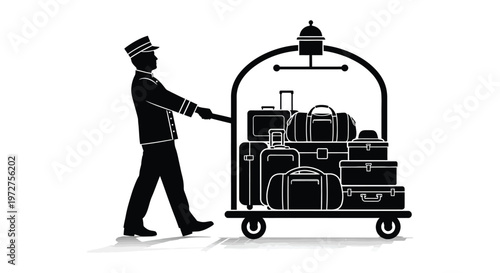 A black silhouette depicts a bellhop pushing a fully loaded luggage cart showcasing classic hotel service silhouette high quality professional detailed