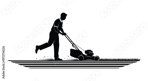 A man is shown mowing a lawn with a push mower depicted in a striking black silhouette high quality professional detailed