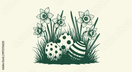 Vintage style woodcut illustration featuring decorated Easter eggs nestled in grass with daffodils.