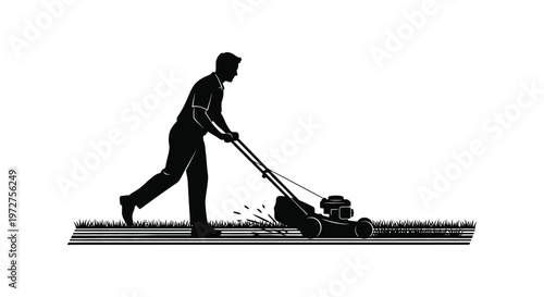 A man is shown mowing a lawn with a push mower depicted in a striking black and white silhouette high quality